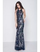 Sexy Sparkly Sequin Embroidered Open Back Tight Fitted Dresses Navy Blue