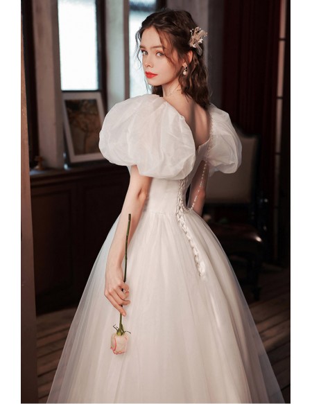 Gorgeous Bubble Sleeves Simple Long White Wedding Party Dress With Bow