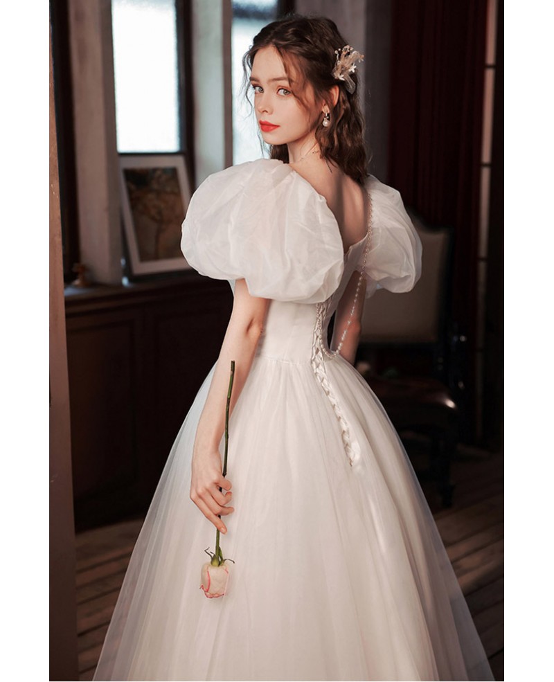 Gorgeous Bubble Sleeves Simple Long White Wedding Party Dress With Bow ...