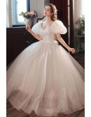 Gorgeous Bubble Sleeves Simple Long White Wedding Party Dress With Bow