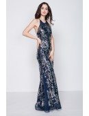 Sexy Sparkly Sequin Embroidered Open Back Tight Fitted Dresses Navy Blue