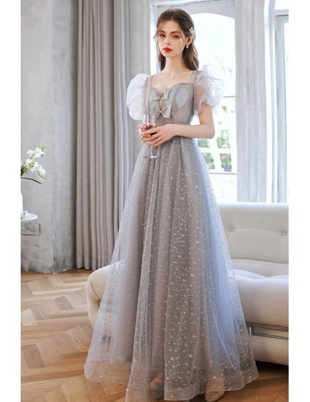 Elegant Dusty Blue Long Bow Sleeve Prom Dress With Sparkle Sequins