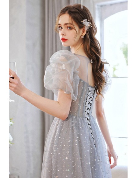 Elegant Dusty Blue Long Bow Sleeve Prom Dress With Sparkle Sequins