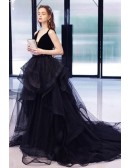Simple Black Long Ruffle Tulle V Neck Formal Prom Dress