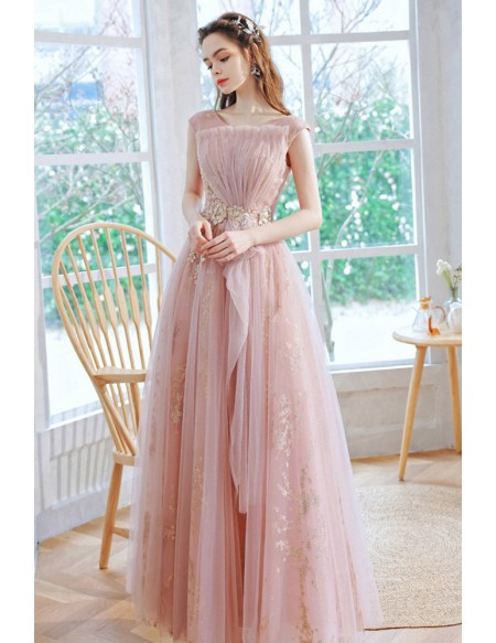 Cute Pink Tulle Long Pleated Prom Dress With Sparkly Sequin
