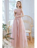 Cute Pink Tulle Long Pleated Prom Dress With Sparkly Sequin