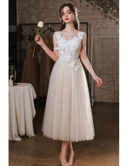 Tea Length White Tulle Prom Dress With Buttflies