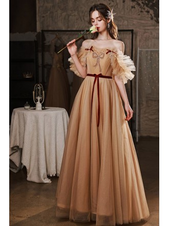 Ruffle Tulle Long Gold Prom Dress With Off Shoulder Sleeves