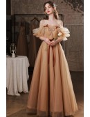 Ruffle Tulle Long Gold Prom Dress With Off Shoulder Sleeves