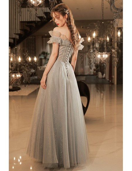 Shiny Sequin Long Grey Prom Dress With Off Shoulder Ruffles
