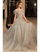 Shiny Sequin Long Grey Prom Dress With Off Shoulder Ruffles