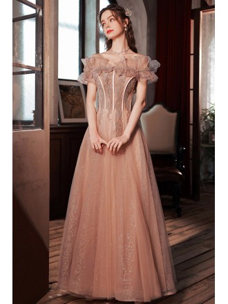 Flouncing Off Shoulder Long Pink Formal Prom Dress With Lace Applique