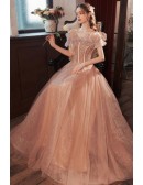 Flouncing Off Shoulder Long Pink Formal Prom Dress With Lace Applique