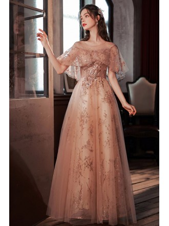 Sparkly Sequin Applique Long Pink Tulle Prom Dress With Cape Sleeves