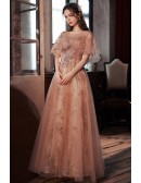 Sparkly Sequin Applique Long Pink Tulle Prom Dress With Cape Sleeves