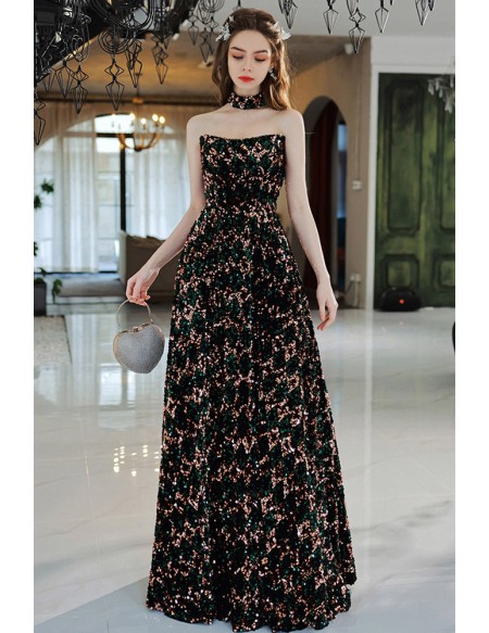 Bling-bling All Sequin Black Long Prom Dress With Gold And Green