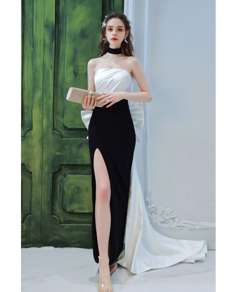 Sexy Fitted Black And White Strapless Slit Formal Dress With Big