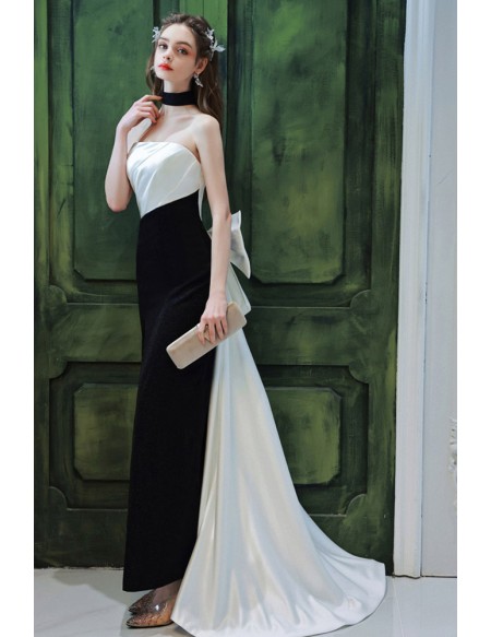 Sexy Fitted Black And White Strapless Slit Formal Dress With Big Bow Train