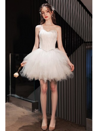 Strapless White Short Tulle Ball Gown Prom Wedding Dress With Feathers