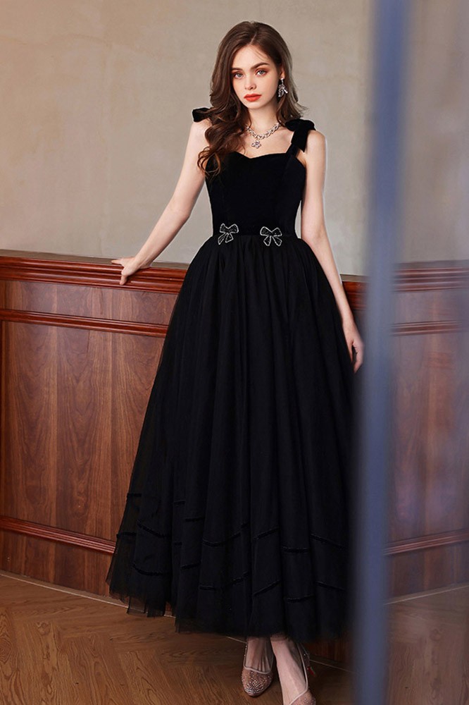 Formal A Line Long Black Party Dress With Beaded Bows #T21054 ...