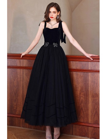 Formal A Line Long Black Party Dress With Beaded Bows