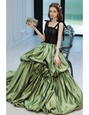 Green Long Ruffled Party Formal Dress With Black Lace Top