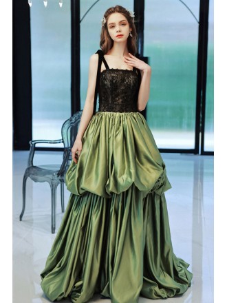 Green Long Ruffled Party Formal Dress With Black Lace Top