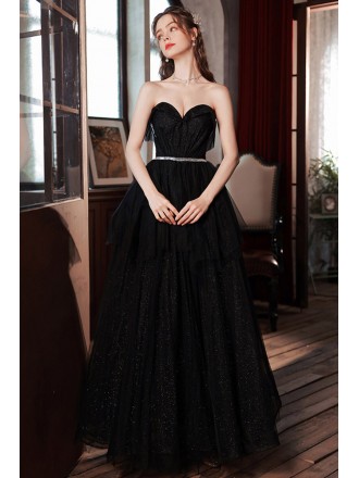 Simple Strapless Sweetheart Black Long Tulle Prom Dress With Sash
