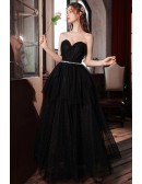 Simple Strapless Sweetheart Black Long Tulle Prom Dress With Sash