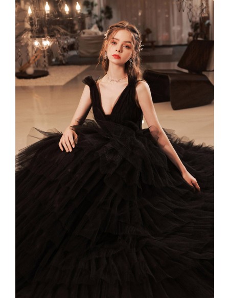 Black Long Tulle Layered Prom Party Dress With V Neck