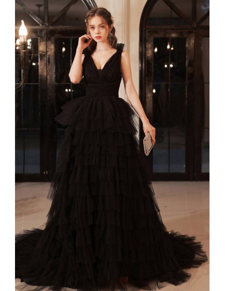Black Long Tulle Layered Prom Party Dress With V Neck