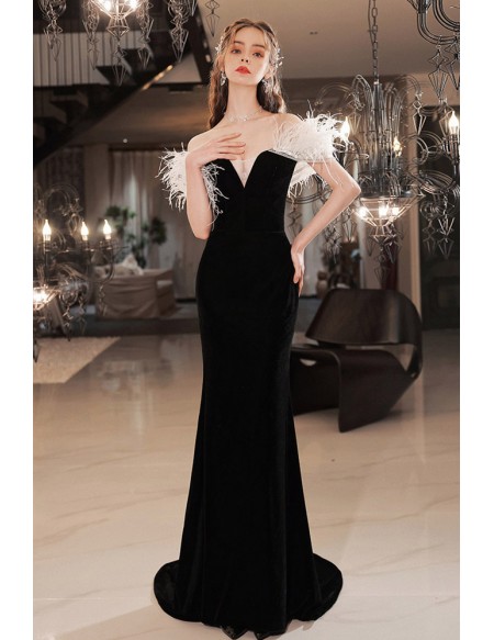 Simple Black Velvet Fitted Mermaid Evening Dress With Feather Off Shoulder