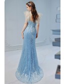 Sky Blue Sequin Fitted Mermaid Prom Dress With Tulle Ruffle Straps