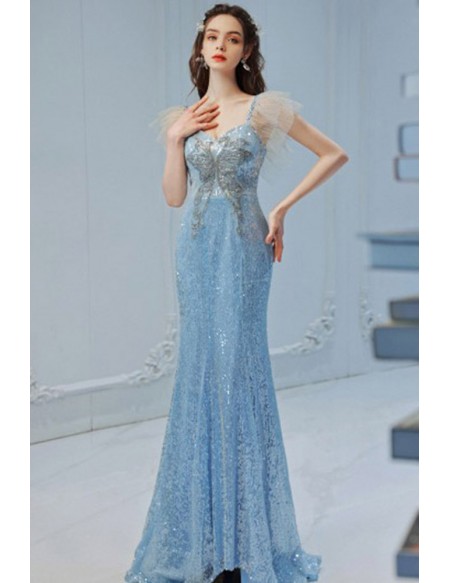 Sky Blue Sequin Fitted Mermaid Prom Dress With Tulle Ruffle Straps