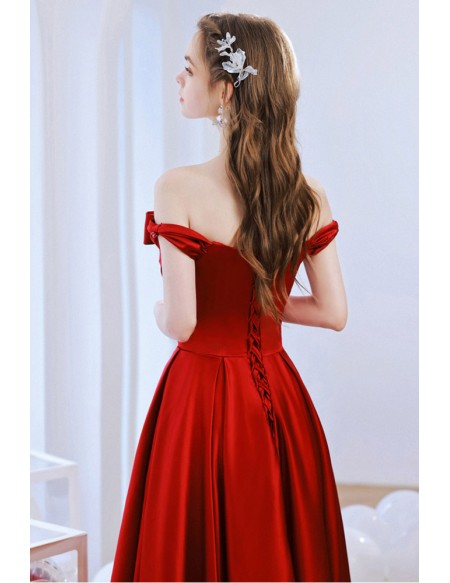 Elegant Red Satin Formal Evening Dress With Off Shoulder Bow Neck # ...