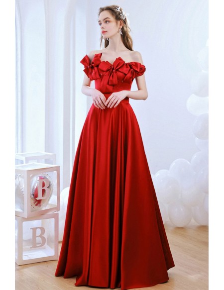 Elegant Red Satin Formal Evening Dress With Off Shoulder Bow Neck