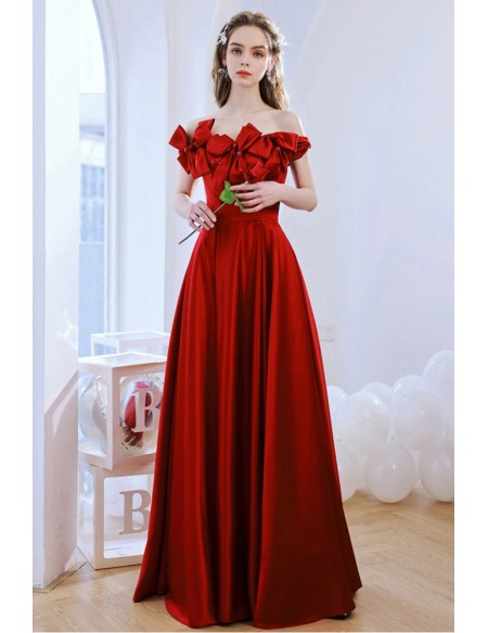 Elegant Red Satin Formal Evening Dress With Off Shoulder Bow Neck