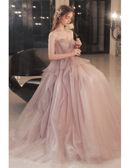 Strapless Long Tulle Purple Ruffle Prom Dress With Sash