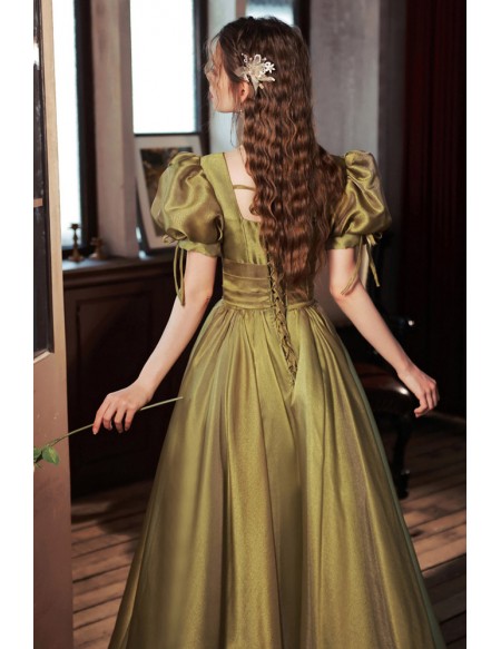 Empire Waist V Neck Simple Green Long Prom Dress With Bubble Sleeves