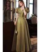 Empire Waist V Neck Simple Green Long Prom Dress With Bubble Sleeves