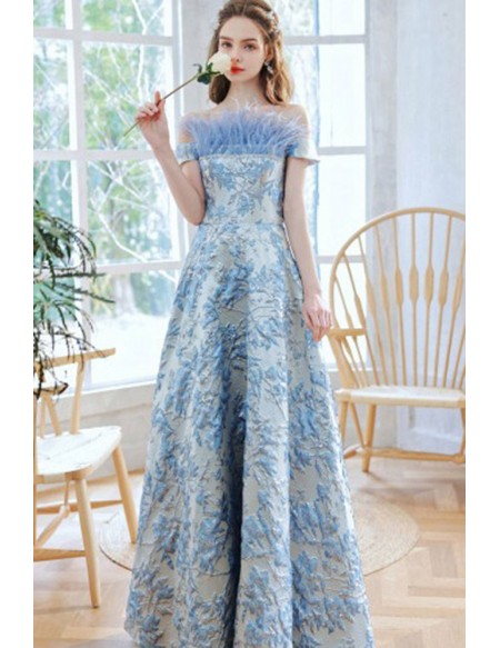 Elegant Off Shoulder Embroidery Feather Blue Prom Dress