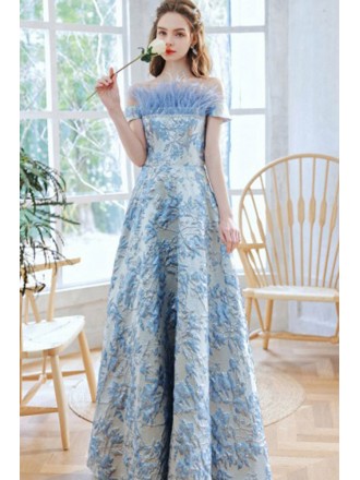 Elegant Off Shoulder Embroidery Feather Blue Prom Dress