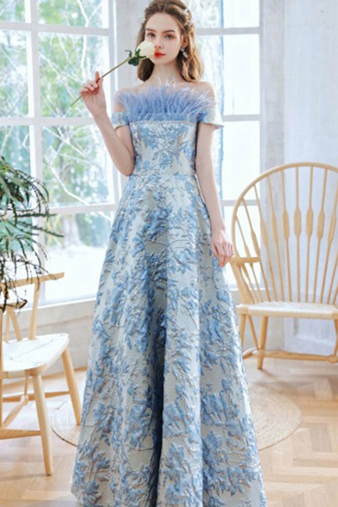Elegant Off Shoulder Embroidery Feather Blue Prom Dress #T21017 ...