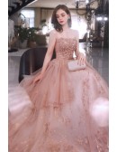 Strapless Long Pink Beaded Sequin Prom Dress With Sparkly Appliques