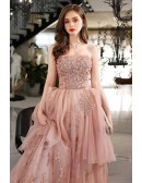 Strapless Long Pink Beaded Sequin Prom Dress With Sparkly Appliques
