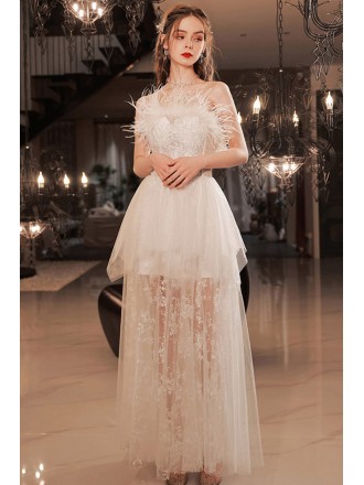 Strapless Long White Lace Tulle Wedding Party Dress With Feather Neckline