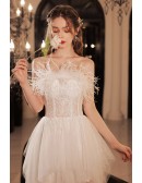 Strapless Long White Lace Tulle Wedding Party Dress With Feather Neckline