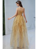 Shiny Gold Sequin Ruffle Sweetheart Neck Prom Dress With Beading Straps