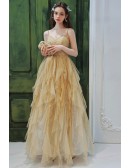 Shiny Gold Sequin Ruffle Sweetheart Neck Prom Dress With Beading Straps