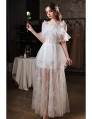 Sequin Long White Lace Tulle Prom Formal Dress With Fluffy Feathers Neck